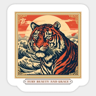 Tiger, Wave, Sun Japanese Art Sticker